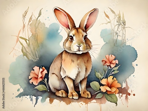 Watercolor Rabbit and Colorful with Flowers. Generative AI
