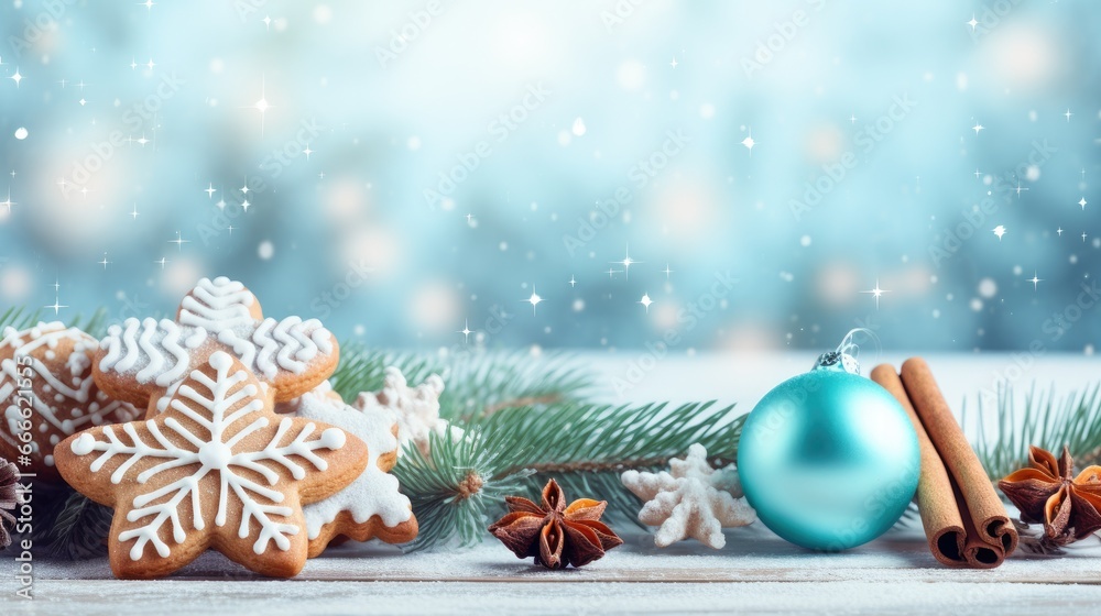 christmas cookies and decoration ornaments in snow, with snowy blue landscape