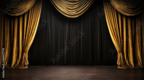 Empty background - Theater stage with black gold velvet curtains photo