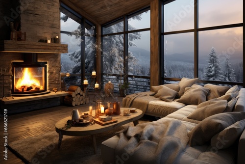 interior with a fireplace burning with a large window blizzard outside the window