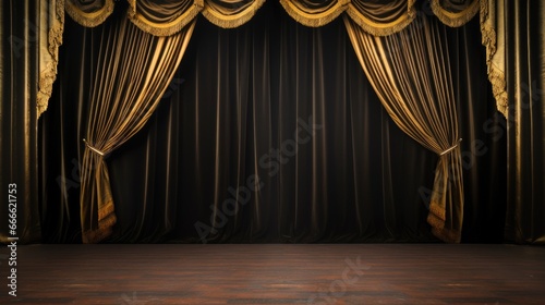 Empty background - Theater stage with black gold velvet curtains