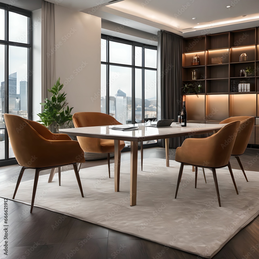 Fototapeta premium 16. A hotel design interior with tables, chairs, sofas, and furniture. Generative AI