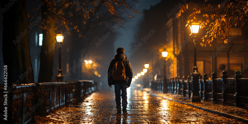 Junge mit Rucksack Rückenansicht auf der dunklen Straße in der Stadt im Querformat als Banner, ai generativ