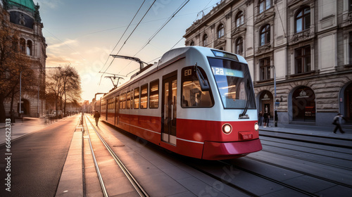 modern tram, whtie red color moving in a european city