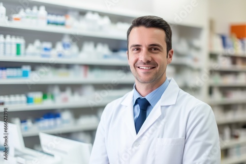 pharmacist standing at the medicine counter