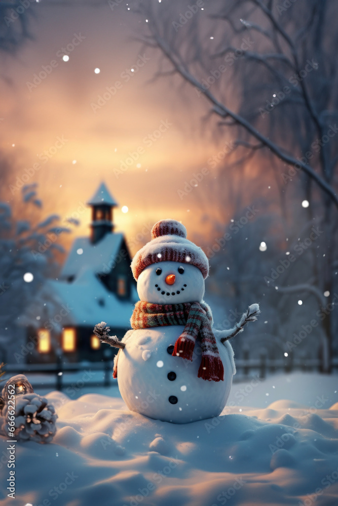 Fototapeta premium Christmas snowman in a snowy landscape on a New Year's card