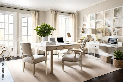 Home office space that is cream. Stylish linen desk chair and acrylic accent chairs