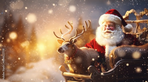 Santa Claus sitting on Christmas sleigh, with reindeer
