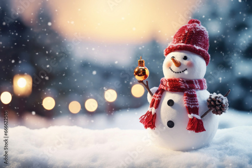 Christmas snowman in a snowy landscape on a New Year's card © Evgeniya Fedorova