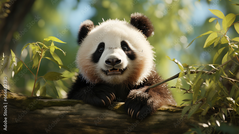 Fototapeta premium Panda Bear portrait looking at the viewer while leaning on a fallen tree - Created using Generative AI