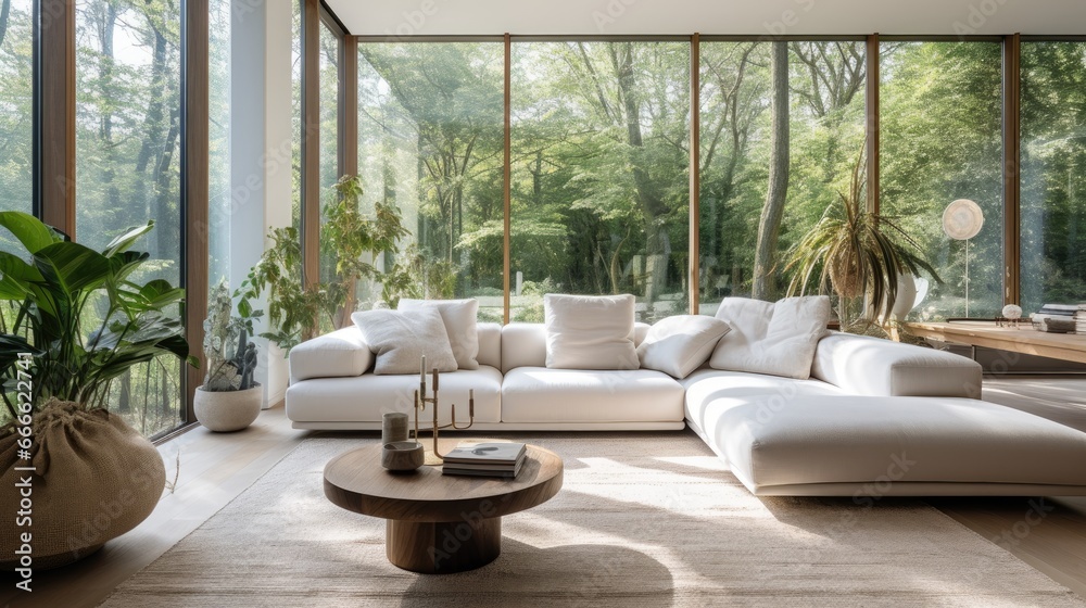 White sofa against floor to ceiling window White sofa against floor to ceiling window