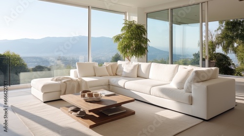 White sofa against floor to ceiling window