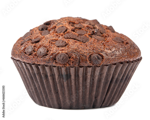 Chocolate muffin in paper baking cup isolated on white background