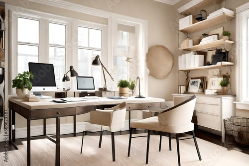 Home office space that is cream. Chic suede desk chair and metal accent chairs © Sana