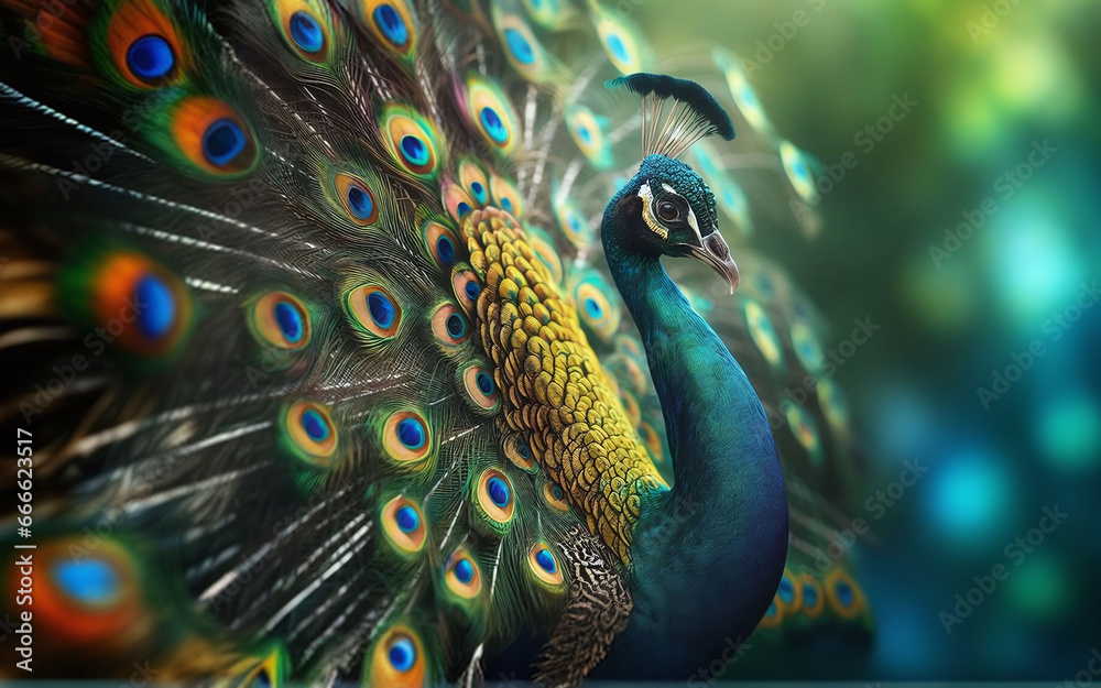Obraz premium Shining peacock, AI generated illustration, realistic