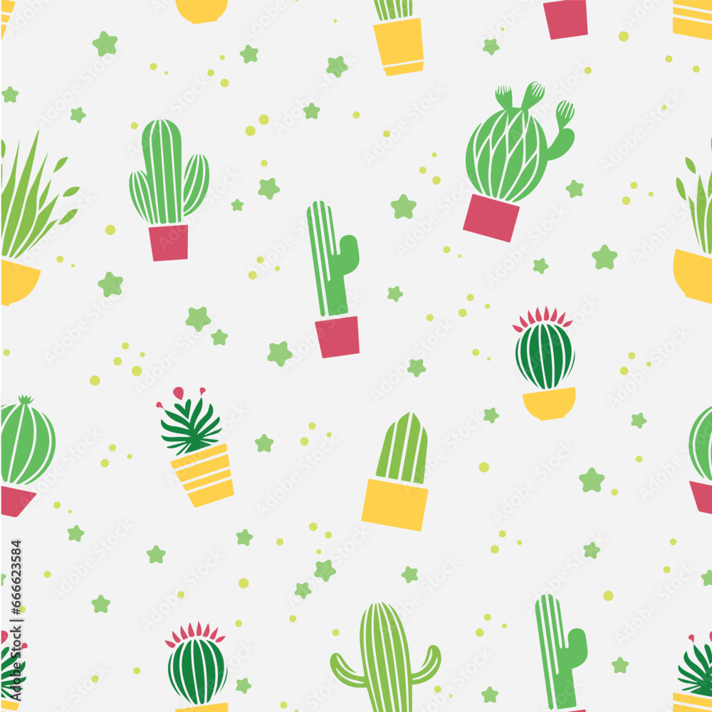 Vector illustration. Seamless pattern. Cacti in pots. Template for printing at a fabric factory.