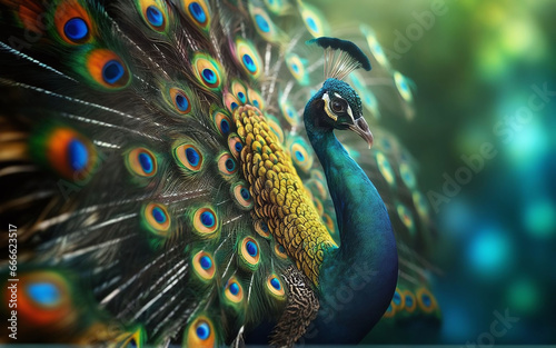Shining peacock, AI generated illustration, realistic