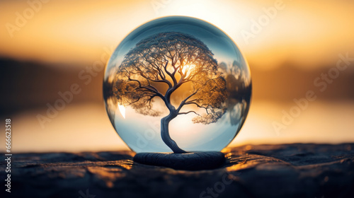 Crystal ball with tree inside. Bonsai concept © PaulShlykov