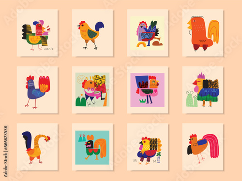 Set of chicken hen and rooster icon character vector illustration. Cartoon poultry farm animal collection.