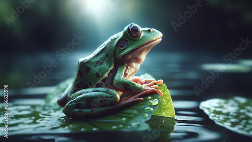 Frog on water plant, AI generated illustration, realistic
