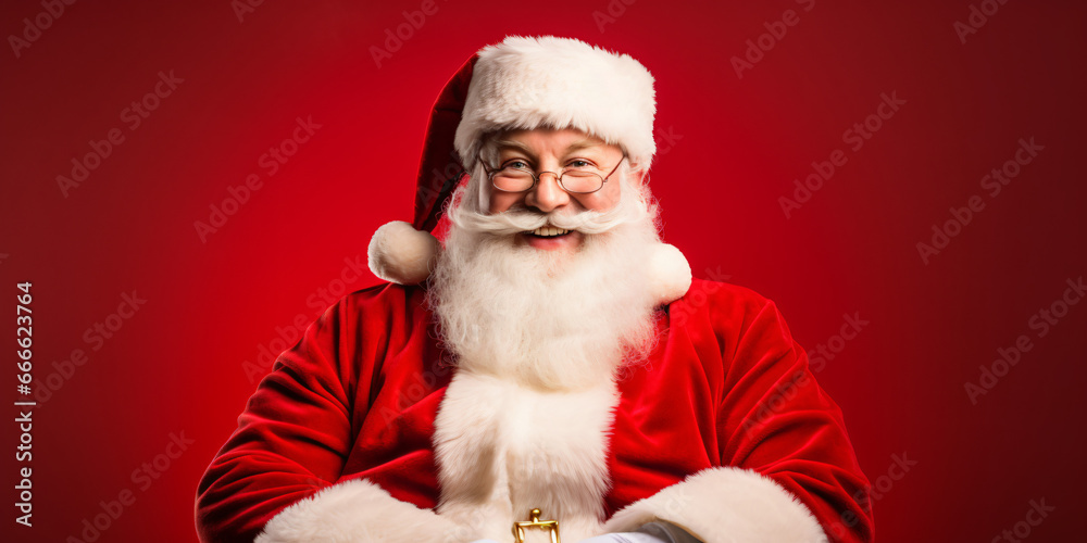 Naklejka premium santa claus in front of a red background, christmas, winter, childhood, advertising