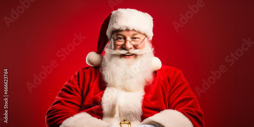 santa claus in front of a red background, christmas, winter, childhood, advertising