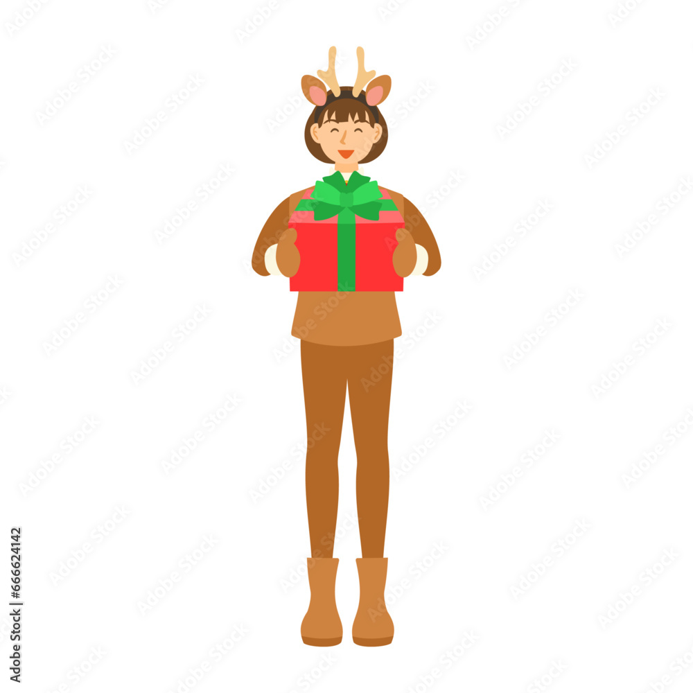 プレゼントを渡すトナカイの格好の女性。フラットなベクターイラスト。 A woman dressed as a reindeer gives a present. Flat designed vector illustration. プレゼントを渡すトナカイの格好の女性。フラットなベクターイラスト。 A woman dressed as a reindeer gives a present. Flat designed vector illustration.