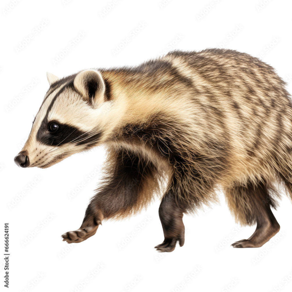 a Badger (Taxidae taxus) in motion, 3/4 view in an isolated and transparent PNG in a Nature-themed, photorealistic illustration. Generative ai