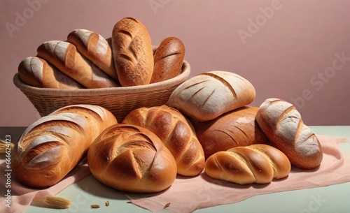 An artfully presented assortment of bread on a pastel-themed table with a serene pastel backdrop with space for text, background image, AI generated