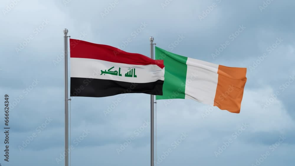 Ireland flag and Iraq flag waving together on cloudy sky, endless seamless loop, two country relations concept Ireland flag and Iraq flag waving together on cloudy sky, endless seamless loop, two country relations concept