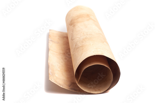 Scroll of vintage paper isolated on white.