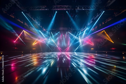 Empty stage with spotlights and rays of light. 3d rendering