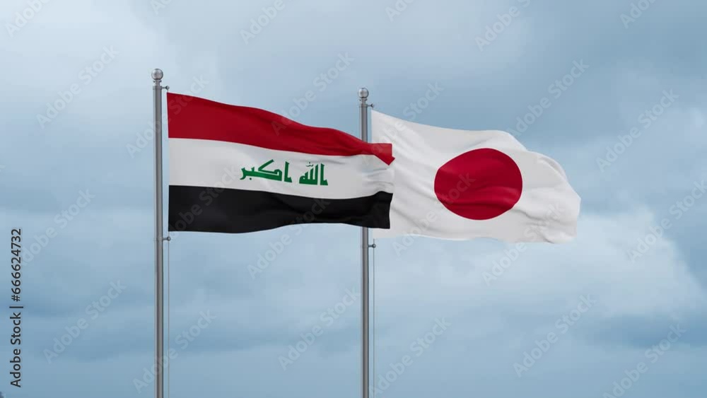 Japan flag and Iraq flag waving together on cloudy sky, endless seamless loop, two country relations concept Japan flag and Iraq flag waving together on cloudy sky, endless seamless loop, two country relations concept