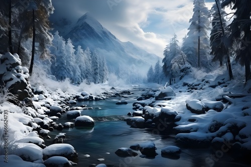 Fantastic winter landscape with mountain river and snow-covered fir trees