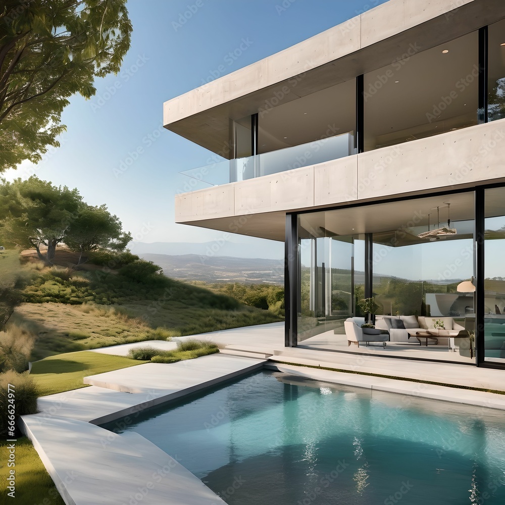Fototapeta premium 3. A modern design of a building with balconies, with forests and trees visible out of cool, large windows, and a home-style room interior with simple furniture and sofas. Generative AI