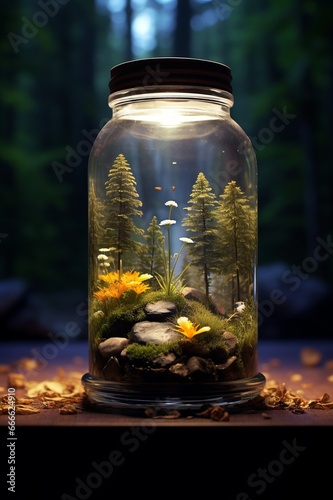 Small beautiful green world in a glass jar. AI generative