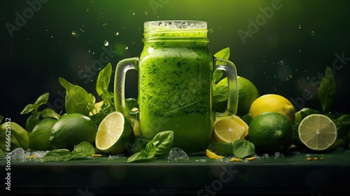 Detoxifying green smoothie with superfoods in a mason jar Lime apple spinach avocado Green food backdrop