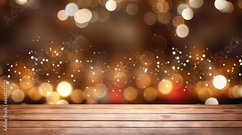Festive bokeh on a wooden deck table perfect for product montage during the Christmas holiday