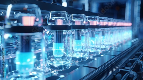 COVID 19 mRNA vaccine being produced on automated conveyor with glass bottles of clear liquid in pharmaceutical setting