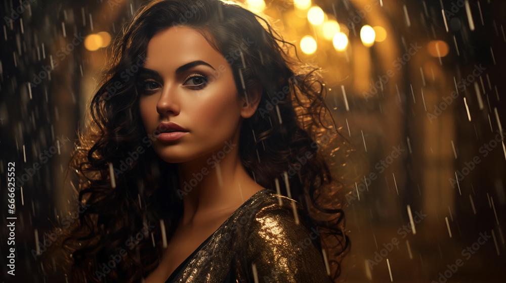 Gorgeous brunette hair model caucasian woman wearing a shiny elegant dress. Glitter rain, sensual, seductive, beautiful, Generative AI Gorgeous brunette hair model caucasian woman wearing a shiny elegant dress. Glitter rain, sensual, seductive, beautiful, Generative AI