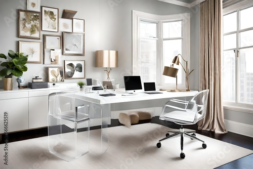 Home office space that is pearl. Modern vinyl desk chair and acrylic accent chairs © Sana