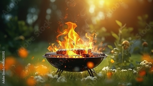 Fire burning in round BBQ grill outdoor cooking in a meadow with background space