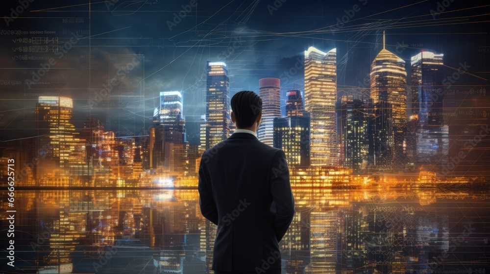 Financial analysis of the stock market on a digital background featuring a cityscape and a virtual screen Financial analysis of the stock market on a digital background featuring a cityscape and a virtual screen