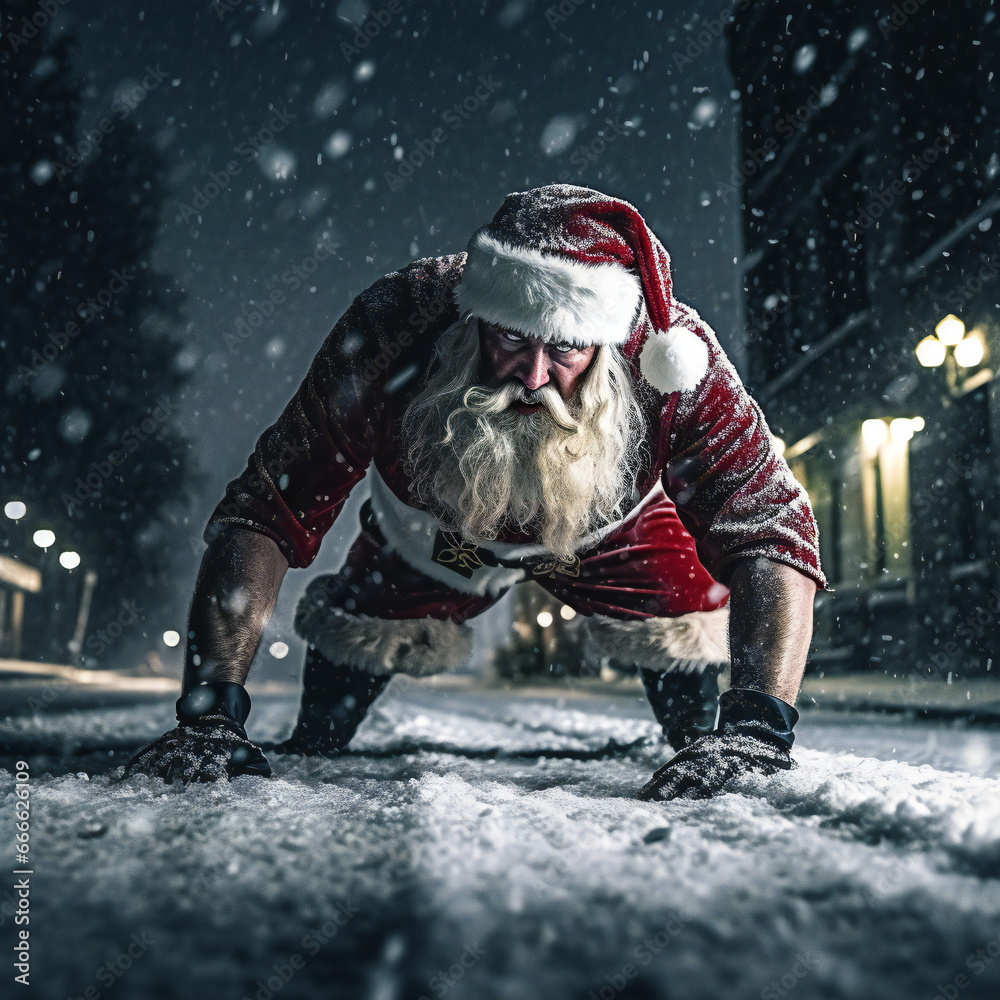16:9 Photography Big muscular Santa Claus is Push-ups and exercise in preparation for sending gifts on Christmas Day.generative ai
