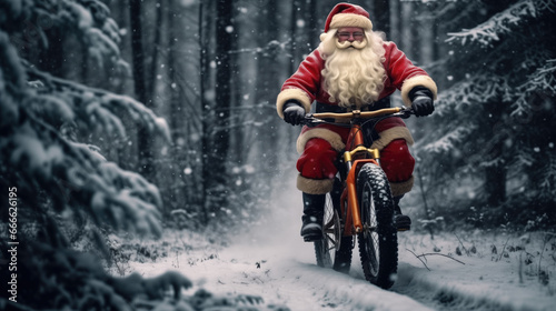 16:9 Photography Big muscular Santa Claus is Riding a bicycle to deliver gifts on Christmas Day.generative ai