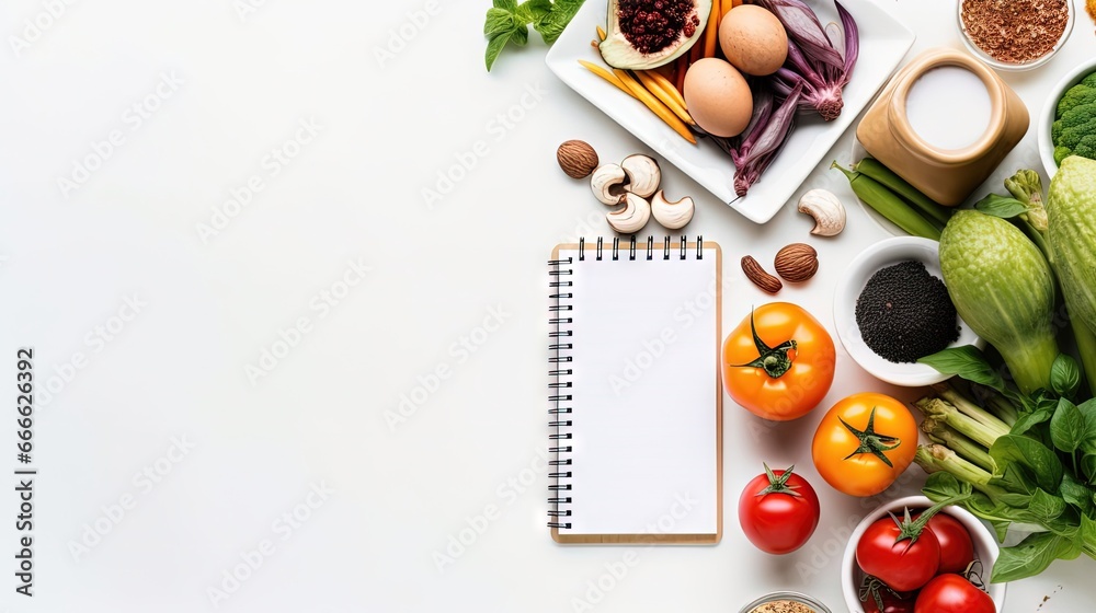 Diet plan and healthy food on table promoting healthy lifestyle and nutrition - obrazy, fototapety, plakaty 