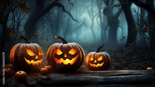 Halloween pumpkins on wooden backdrop with spooky forest