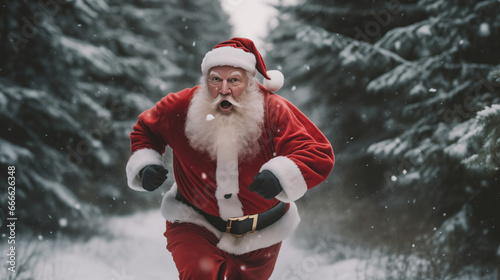 16:9 Photography Big muscular Santa Claus is run and exercise in preparation for sending gifts on Christmas Day.generative ai