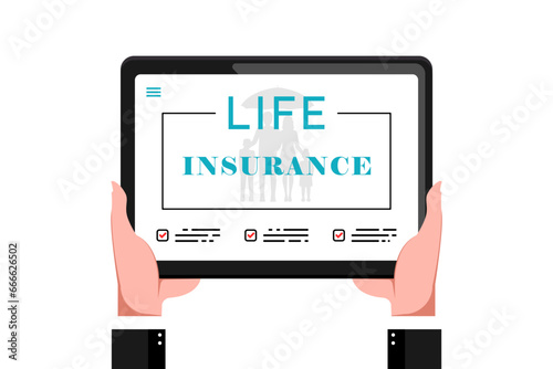 Family health life insurance contract online, Hands of insurance agent holding device electronic on isolated background, Vector illustration.