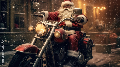 16:9 Photography Big muscular Santa Claus is Riding a chopper to deliver gifts on Christmas Day.generative ai © jkjeffrey